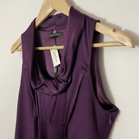 Elie Tahari Sonya Dress Sz 2 Eggplant Purple Wool Silk Fitted Cowl Neck $448 NWT - Picture 3 of 16